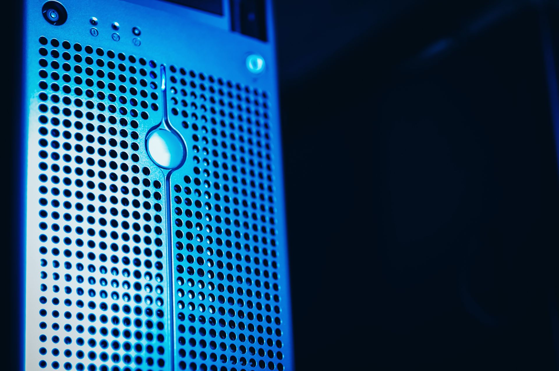 Modern server rack with blue lighting in a secure data center environment